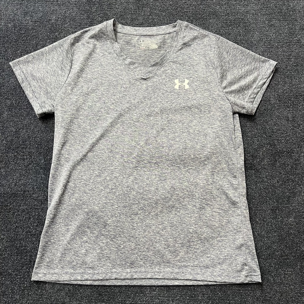 Under Armour‎ Shirt Womens XL Gray HeatGear V Neck Short Sleeve Athletic Workout